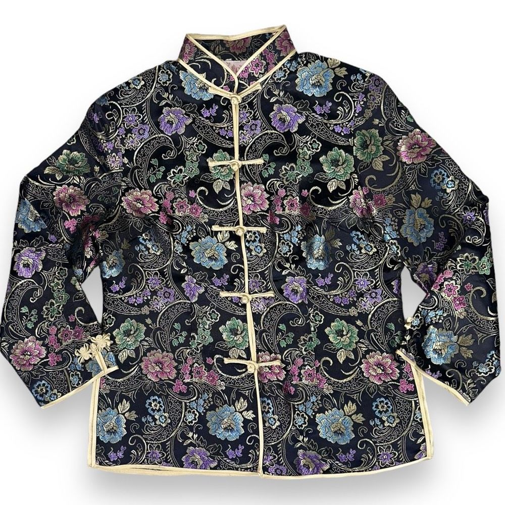 Vintage Le Reve 100% Silk Jacquard Floral Oriental Jacket Size Large